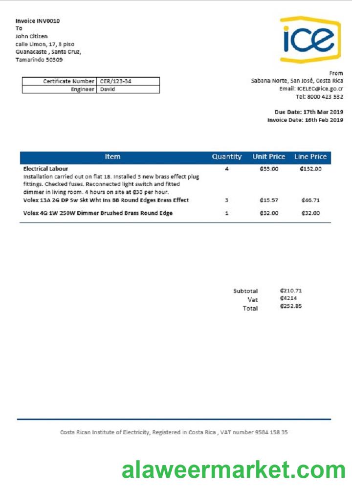 Costa Rica Costa Rican Institute of Electricity utility bill